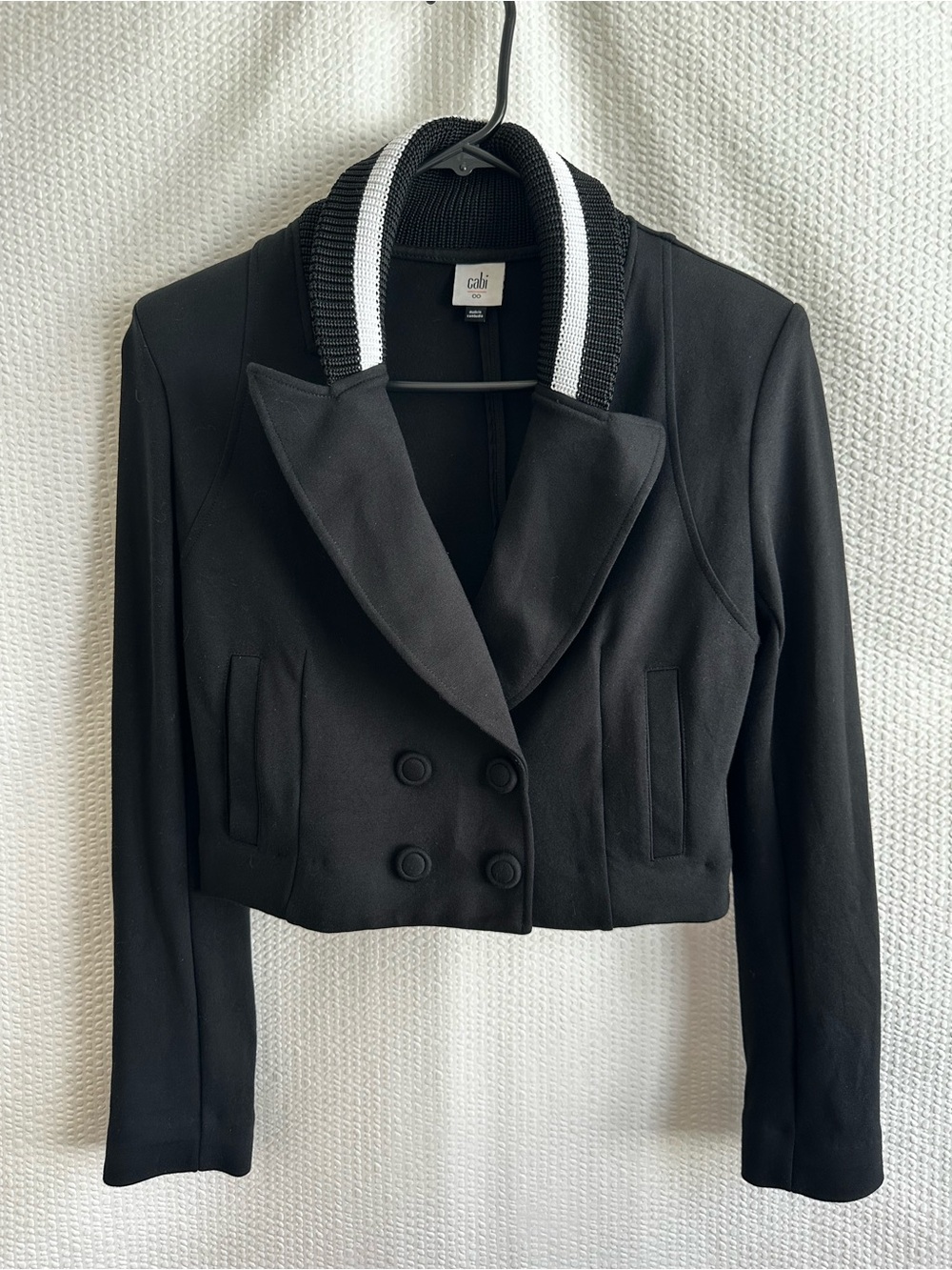 CAbi Black Tie Jacket 6033 Size 00 Black Cropped Double Breasted Ponte Blazer